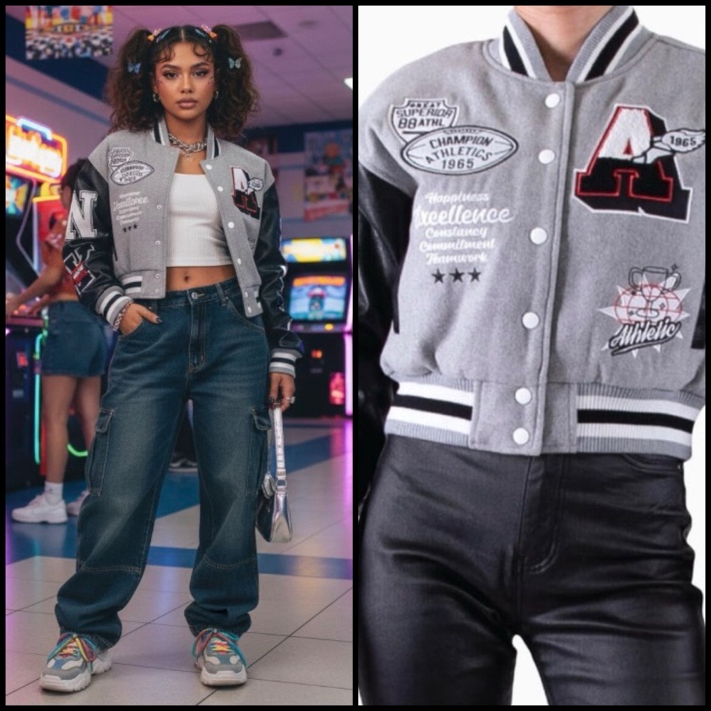 Red Fox Wool Blend Crop Varsity Patchwork Graphic Retro Y2K Gray Black Jacket XL